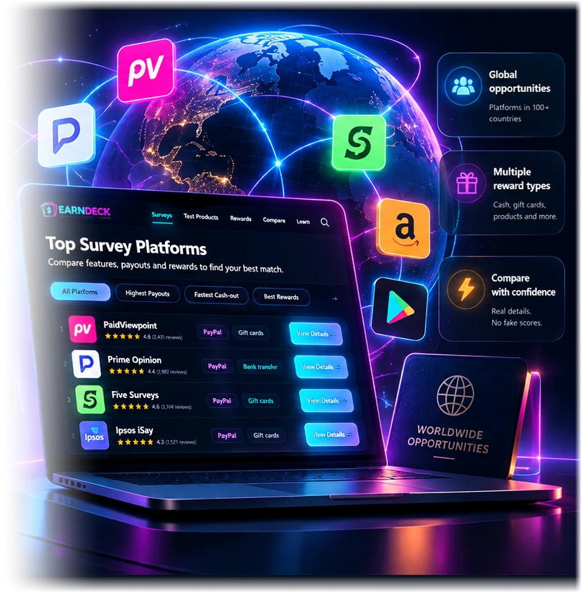 EarnDeck worldwide earning platform comparison shown on a laptop in front of a glowing globe